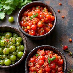 A colorful selection of house-made salsas: tomatillo, roja, and spicy habanero.