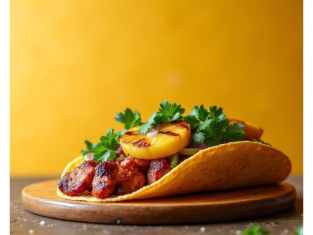 Close-up of an Al Pastor Taco with pineapple