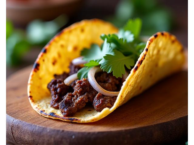 Close-up of a Carne Asada Taco with marinated grilled beef