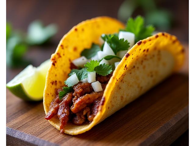 Close-up of a Carnitas Taco with crispy pork, onion, and cilantro