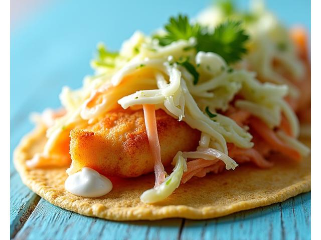 Close-up of a Pescado Taco with fish, cabbage, and crema