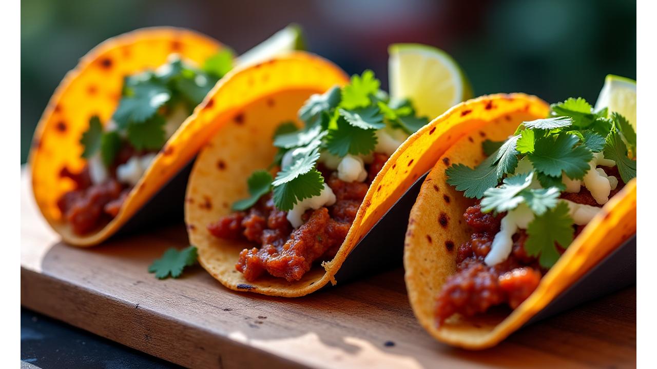 Perfectly assembled street tacos with vibrant fresh ingredients, close-up shot