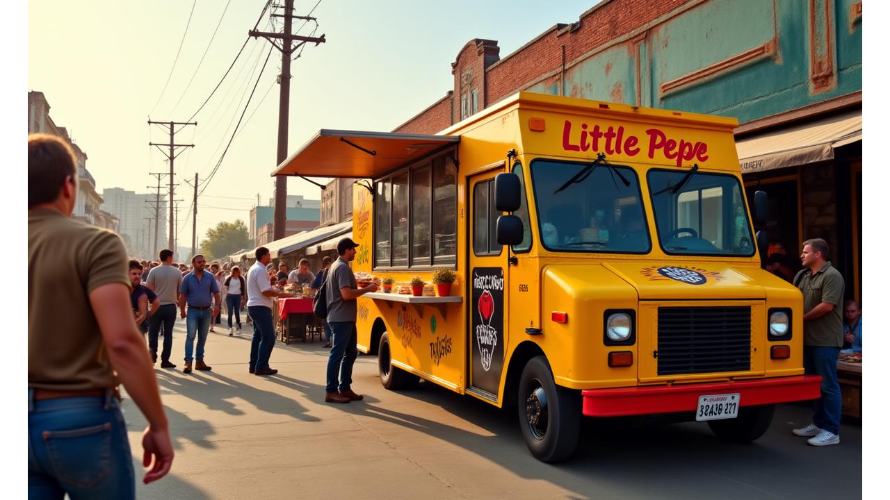 Little Pepe's taco truck serving a busy film crew on a sunny outdoor set