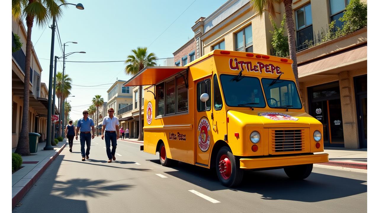 Little Pepe's taco truck parked professionally on a studio lot street with crew members walking by