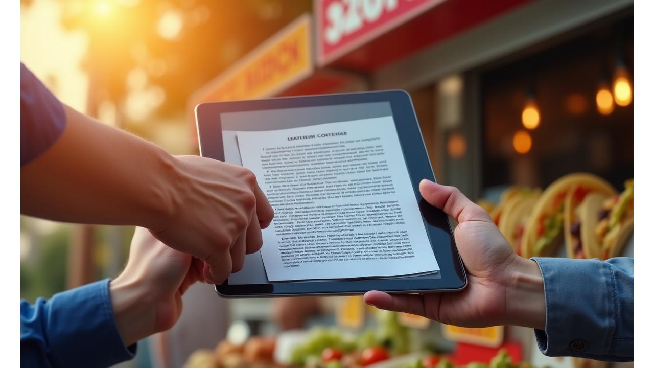 A handshake over a tablet displaying a catering contract, with a blur of delicious tacos in the background, signifying clear agreements for food service.