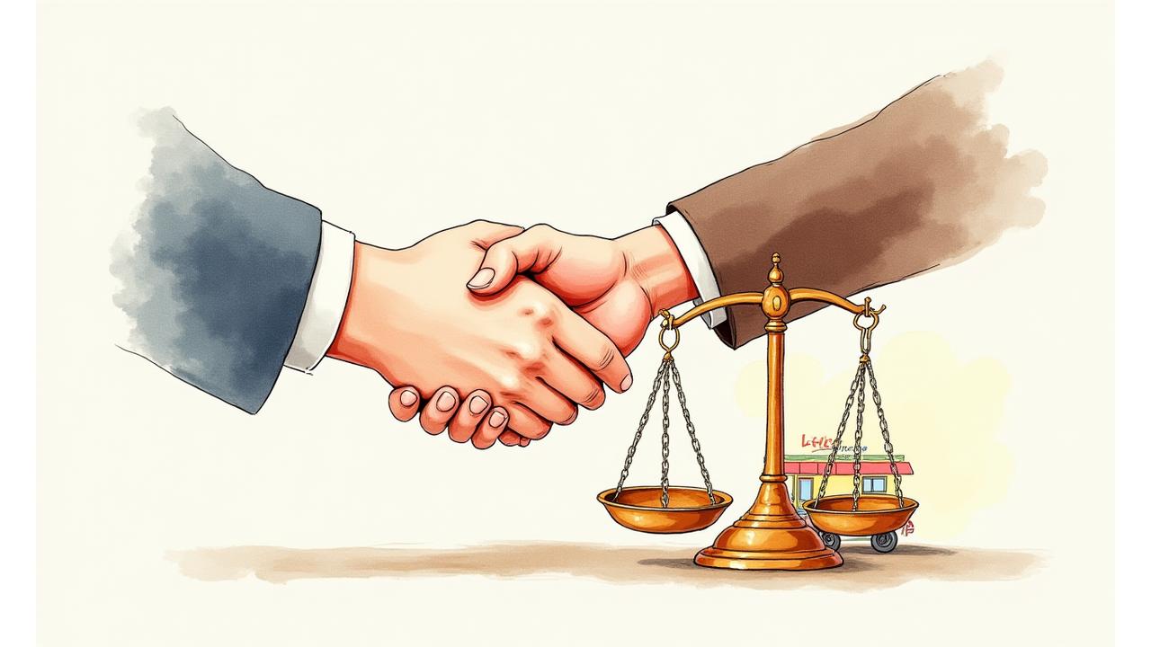Illustration of two hands shaking above a stylized legal scale, set against a watercolor background depicting a food truck, symbolizing fair dispute resolution and customer satisfaction for Little Pepe's services.