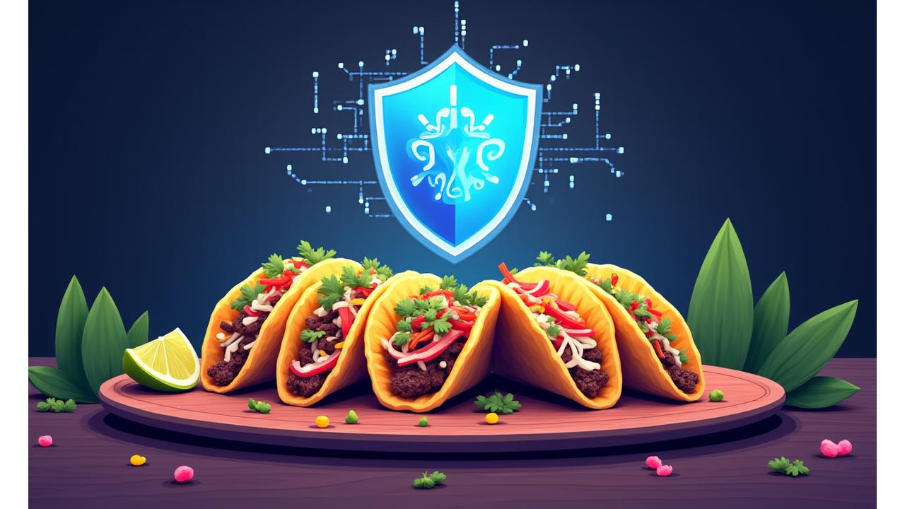 Stylized icon representing website security, with a shield and network lines, alongside a vibrant graphic of tacos, emphasizing intellectual property protection and safe browsing with Little Pepe's brand elements.